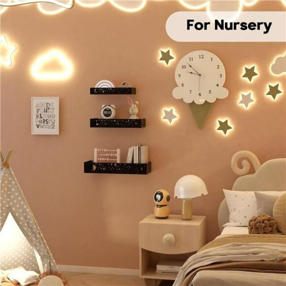 Moon and Stars Floating Wall Shelves Set of 3 Rustic Metal Wood Hanging Storage - Picture 5 of 7